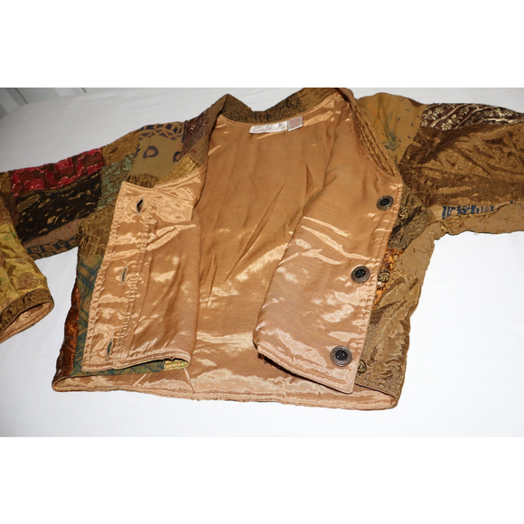 Celeste Women's Silk Blend Patchwork Jacket Size Small/Medium Brown Gold Cropped - Picture 8 of 10